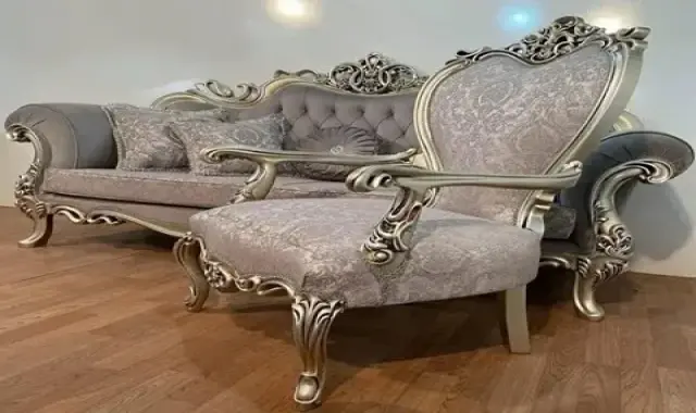 مبل سلطنتی چوب بژ؛ امپراطوری صدفی 4 پارچه ویکسوز چرم کتان ریون