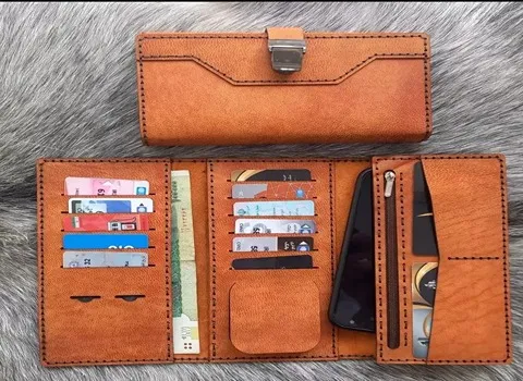 کیف پول چرم دست ساز؛ چرم گاوی گوسفندی بزی 2 رنگ قهوه ای مشکی