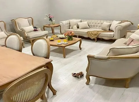 مبل چستر جدید و شیک؛ چوبی پهن لبه گرد (کتان ابریشم مخمل) نگین دار Sofa