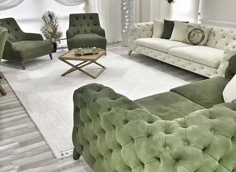 مبل چستر سبز و کرم؛ ویسکوز نانو پلی استر لمسه دوزی (7 9) نفره