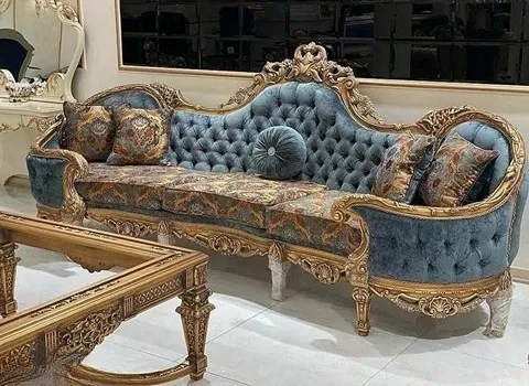 مبل سلطنتی ترک جدید؛ روس راش 7 نفره طوسی فیلی آبی