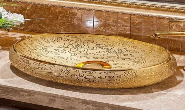 روشویی سنگی طلایی؛ مرمریت پایه دار کابینتی دکوراسیون داخلی لاکچری vanity