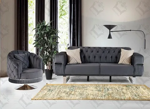 مبل چستر طوسی نسکافه ای؛ ساده پلیسه پایه چوبی فلزی (7 8) نفره