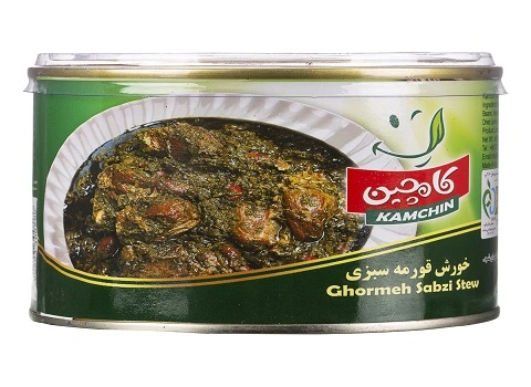 کنسرو قورمه سبزی کامچین؛ ماندگار تره جعفری گشنیز (400 800) گرمی تولید ایران