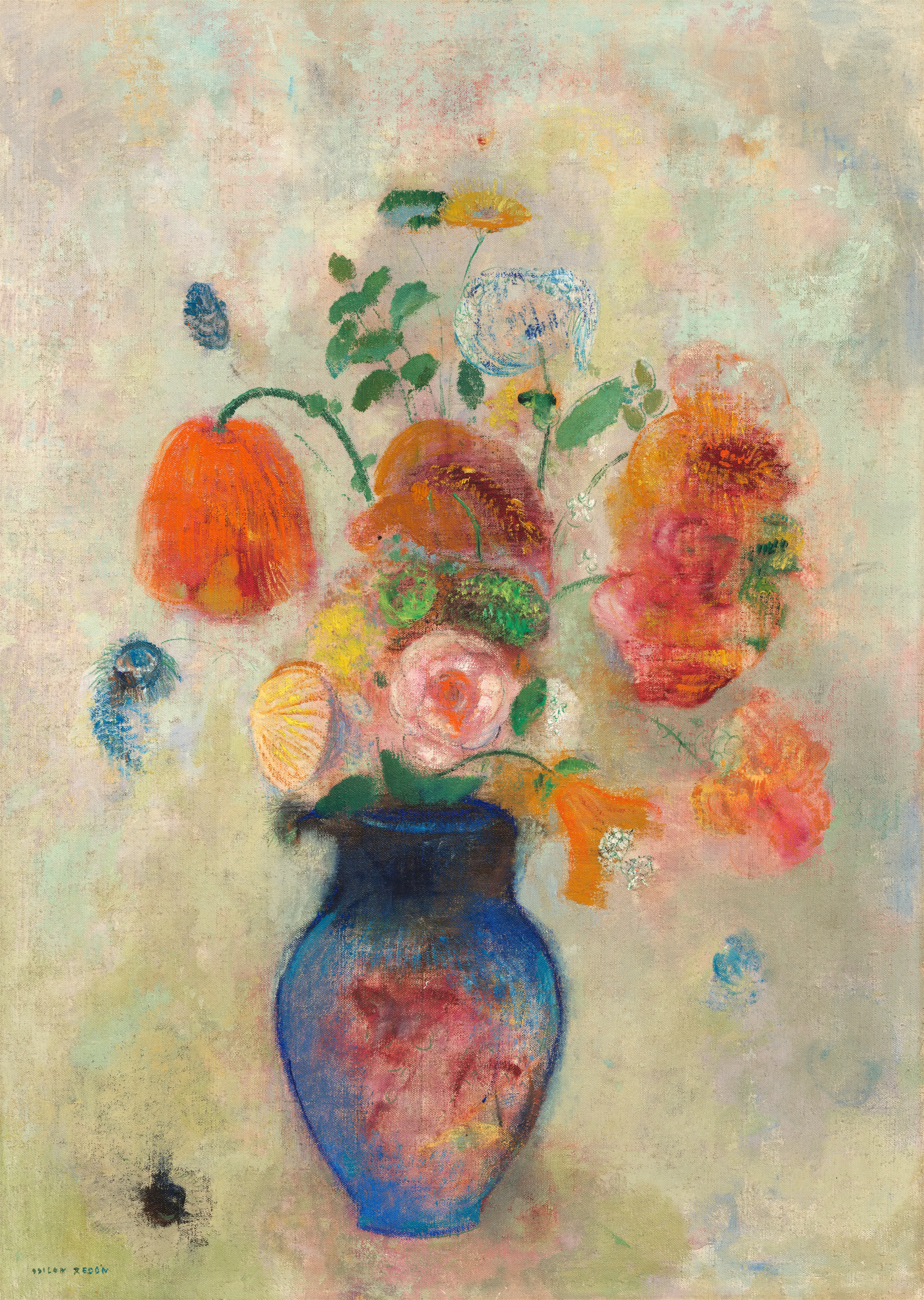 Bouquet of Flowers in a Blue Vase image 1