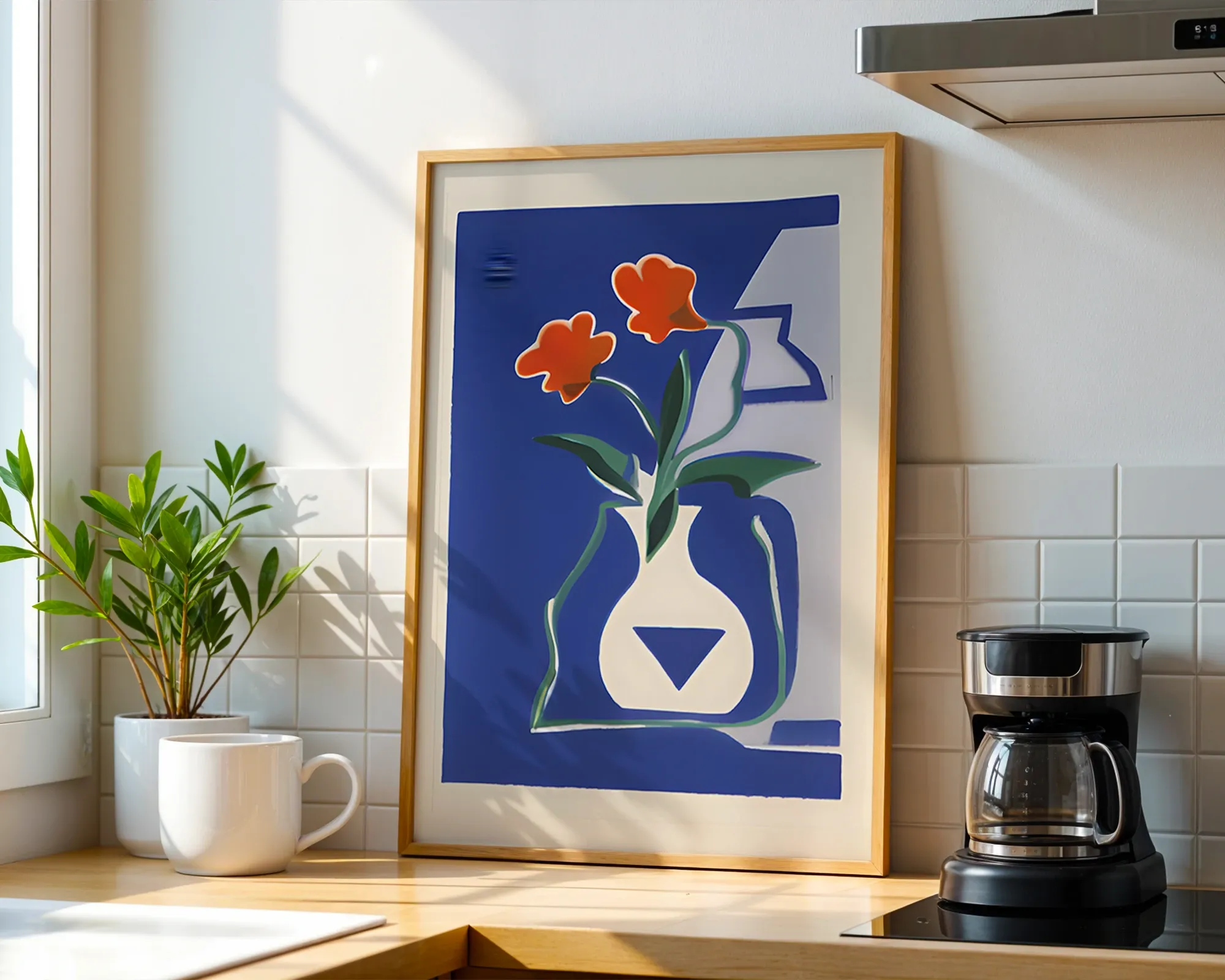 Orange Blooms in White Vase — room view 1