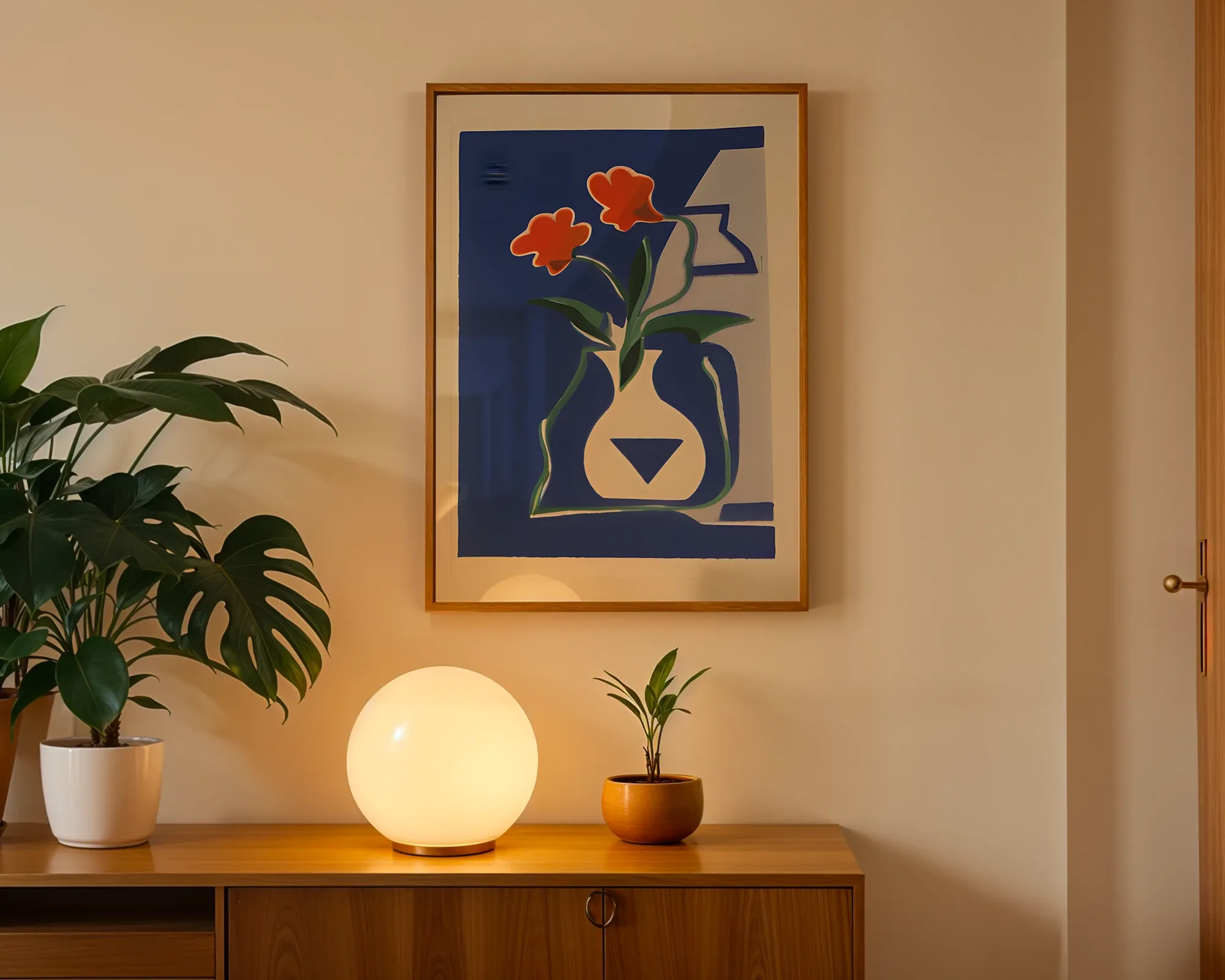 Orange Blooms in White Vase — room view 3