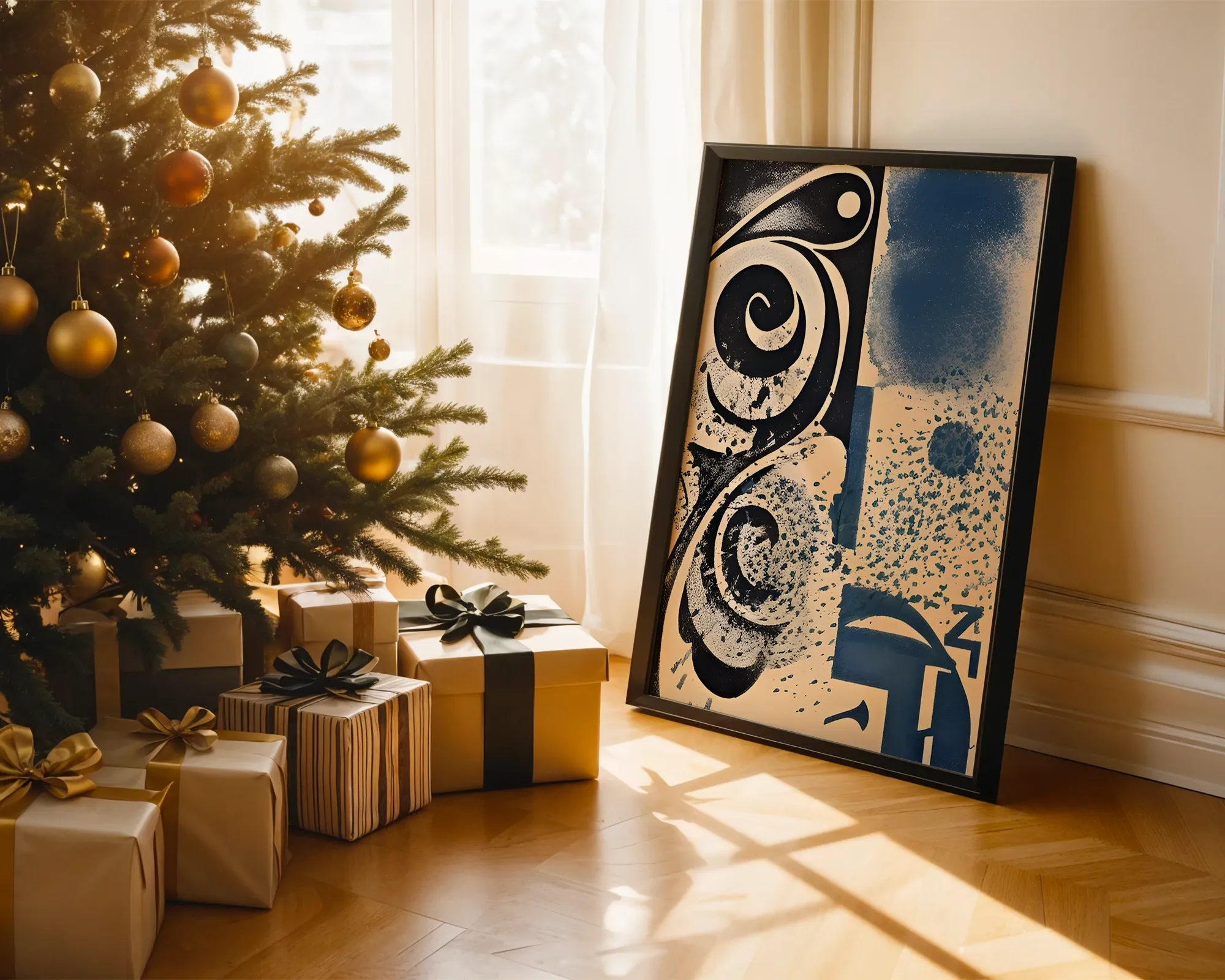 Cobalt Spirals Abstract Composition — room view 2