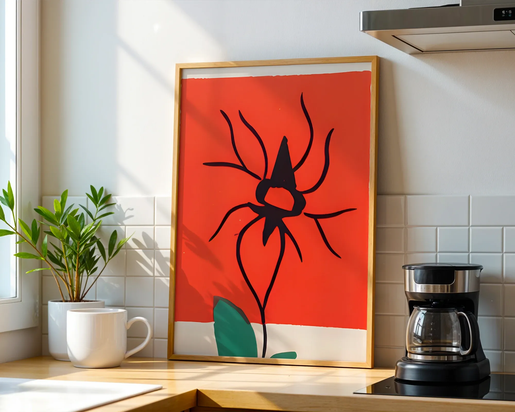 Abstract Crimson Floral Motif — room view 1