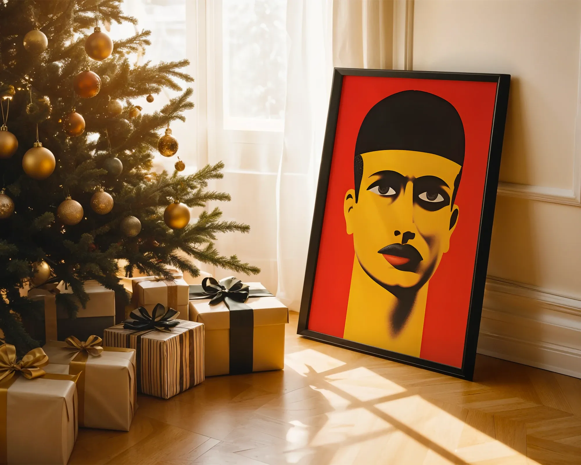 Graphic Yellow Portrait on Red — room view 2