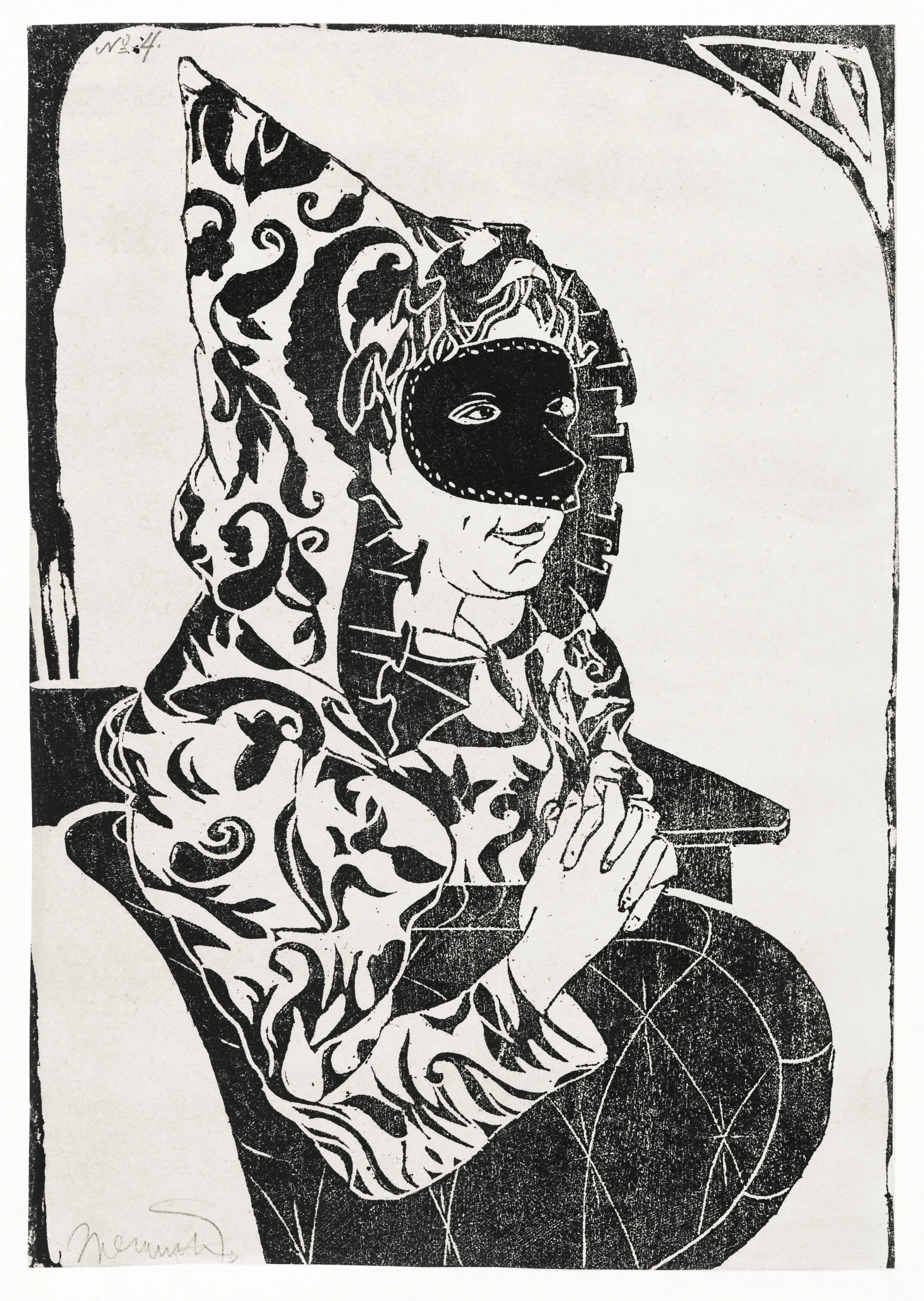 Masked Figure in Patterned Hood image 1