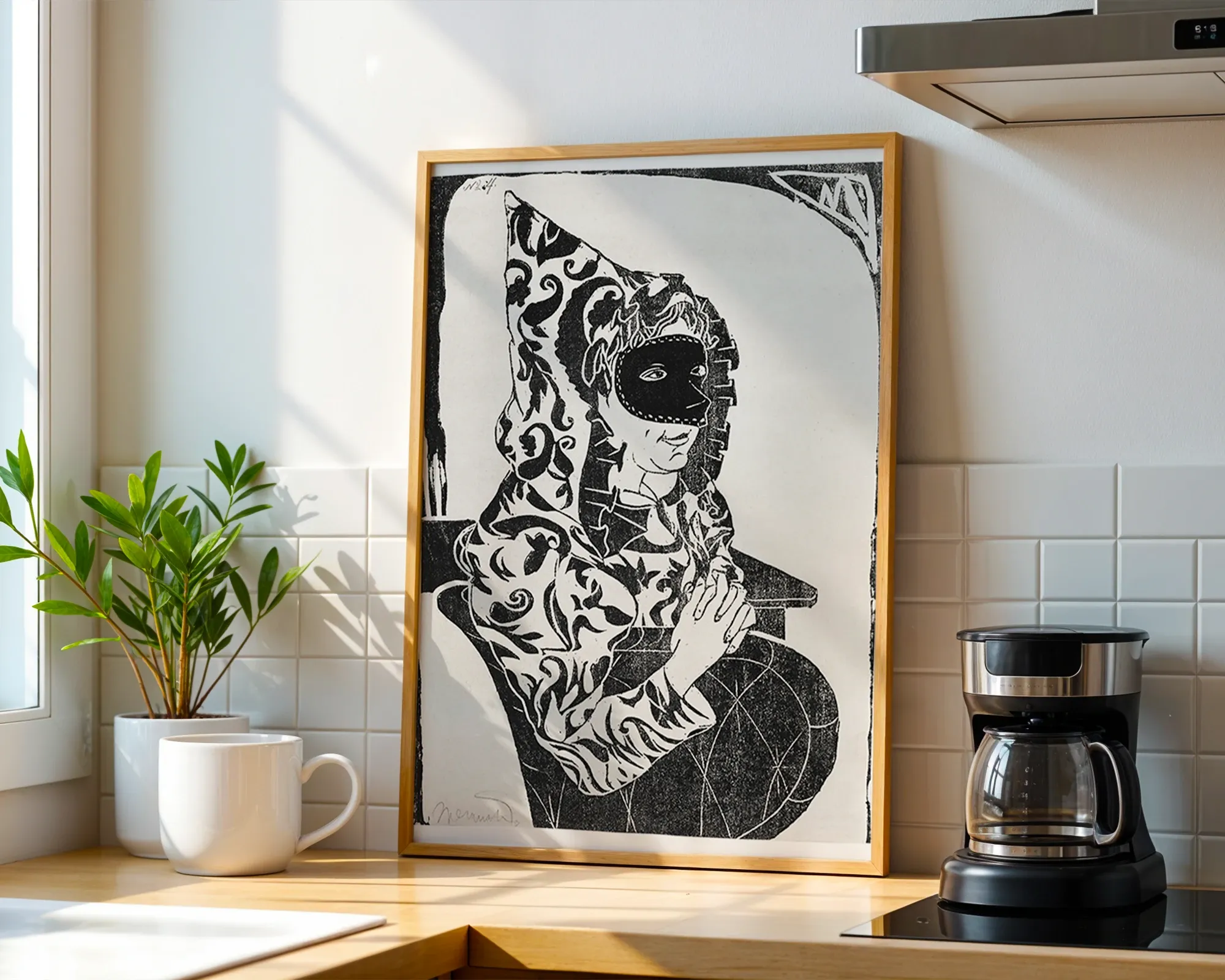Masked Figure in Patterned Hood — room view 1