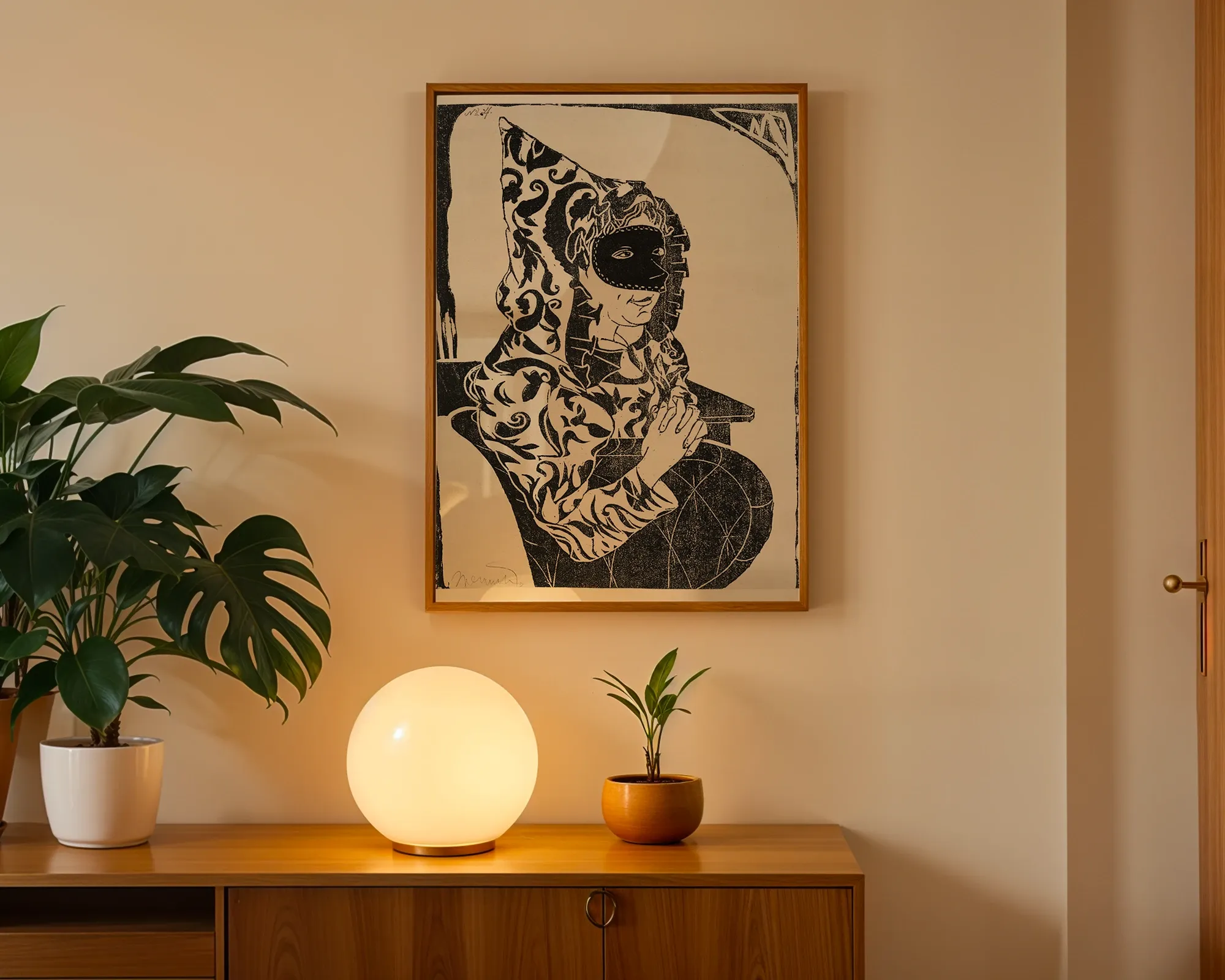 Masked Figure in Patterned Hood — room view 3