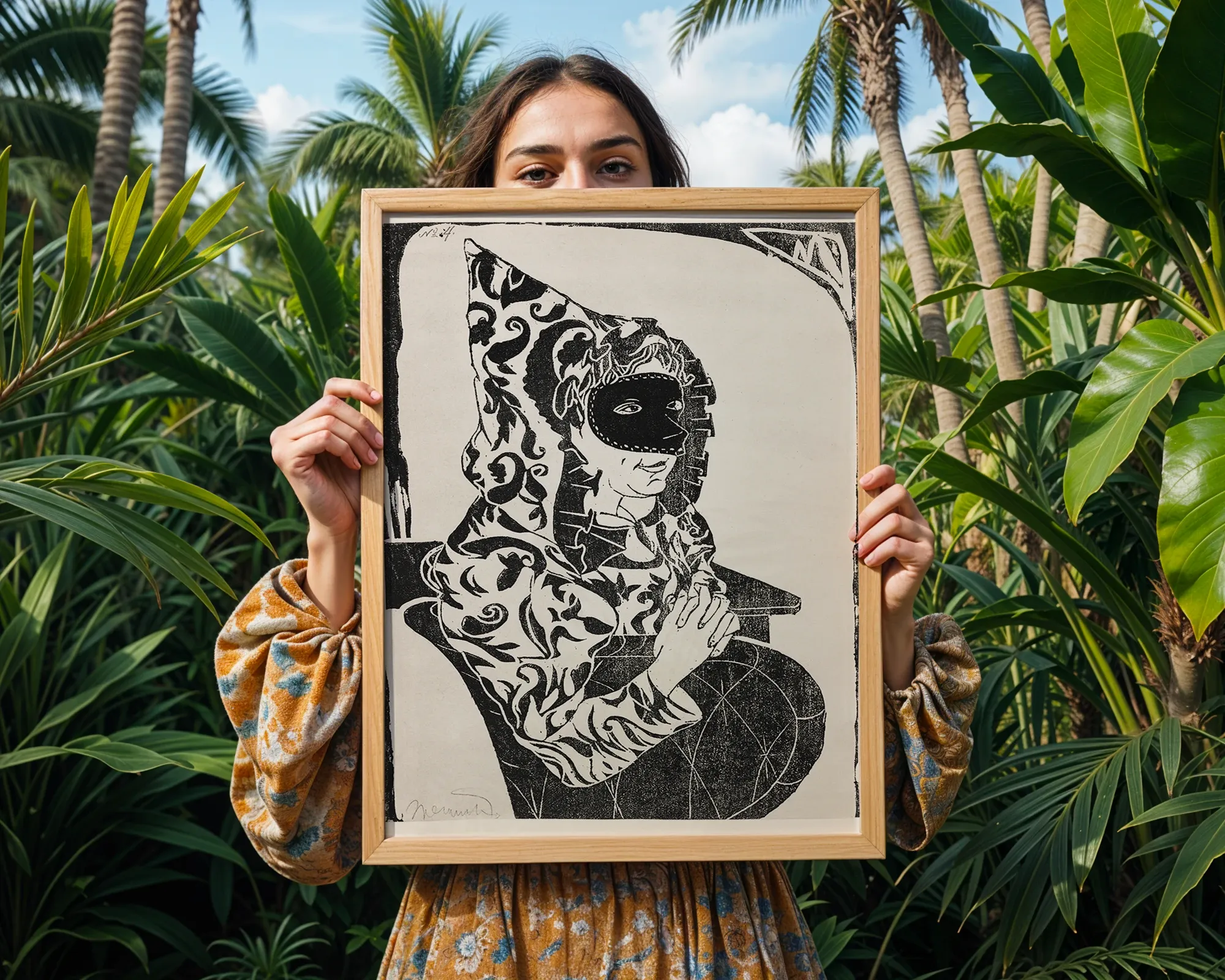 Masked Figure in Patterned Hood — room view 5