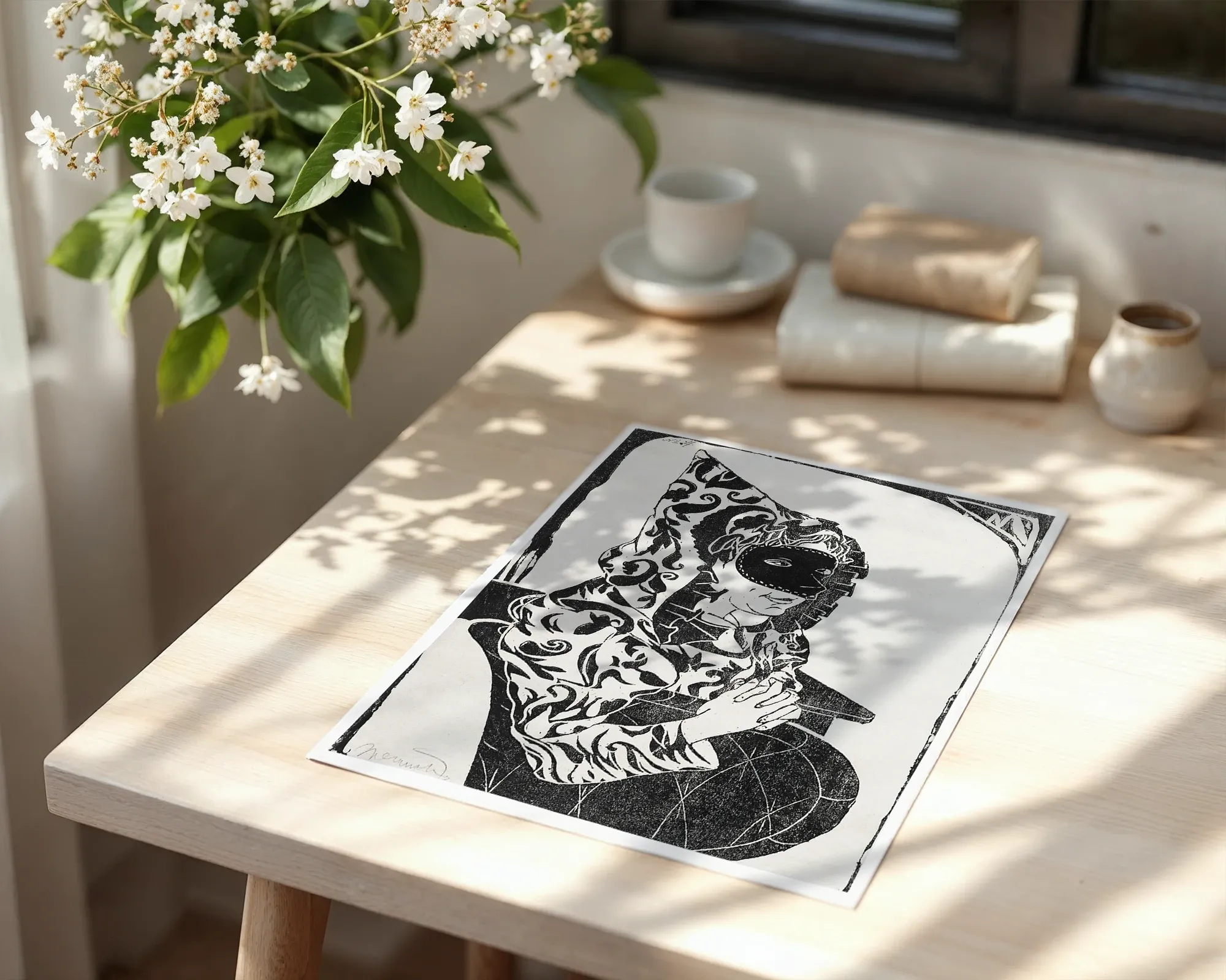 Masked Figure in Patterned Hood — room view 6