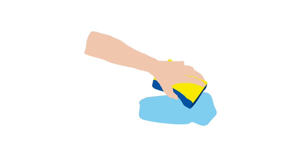 Eine stilisierte Grafik zeigt eine Hand, die einen blauen Schwamm mit gelbem Rand hält und etwas wischt. Der Hintergrund ist weiß.