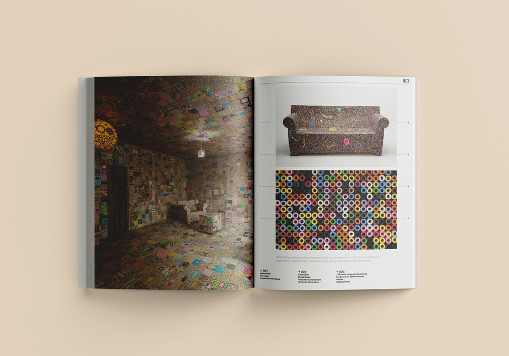 Doppelseite aus einem Magazin. Links ist ein Raum zu sehen, dessen Boden komplett mit bunten Teppichen bedeckt ist. Im Raum stehen verschiedene Möbelstücke. Rechts ist ein Sofa abgebildet, das mit einem Muster aus bunten Kreisen versehen ist. Die Seite ist mit Text versehen, der Informationen zu den abgebildeten Objekten enthält.
