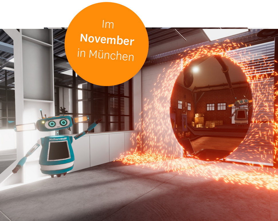 Ein blauer Roboter steht in einem modernen Industriegebäude. Im Hintergrund ist ein großer, leuchtend orangefarbener Kreis aus Funken zu sehen. Ein orangefarbener Kreis mit dem Text "Im November in München" schwebt über dem Bild. Das Ambiente wirkt industriell und dynamisch.