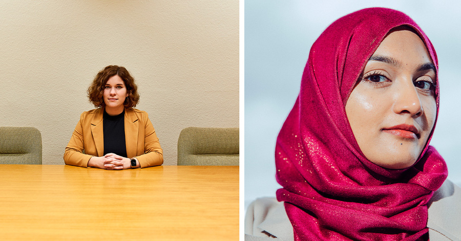 Zwei Porträtaufnahmen von Frauen. Links sitzt eine Frau mit lockigem, dunklem Haar in einem beigen Blazer an einem Holztisch in einem hellen Raum. Sie blickt direkt in die Kamera und wirkt konzentriert. Rechts ist eine Frau mit einem roten Kopftuch zu sehen, ebenfalls in einem Porträt. Sie hat einen ernsten, nachdenklichen Gesichtsausdruck.