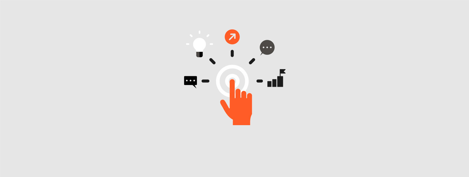 Grafik: Eine orangefarbene Hand berührt einen weißen Kreis in der Mitte des Bildes. Rund um den Kreis sind Symbole wie eine Glühbirne, eine Uhr, Sprechblasen und Balkendiagramme angeordnet, die verschiedene Aspekte von Ideen und Kommunikation darstellen.