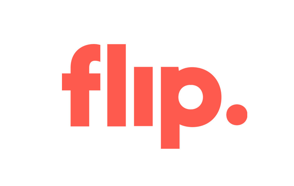 Das Bild zeigt das Logo von "flip." in einem kräftigen Korallrot auf einem hellen, cremefarbenen Hintergrund. Der Punkt nach dem Wort "flip" ist ebenfalls rot und betont den Markennamen.