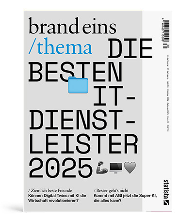 Titelseite einer Zeitschrift namens "brand eins Thema". Der Titel "DIE BESTEN IT-DIENSTLEISTER 2025" steht in großen, schwarzen Buchstaben auf weißem Hintergrund. Ein kleines blaues Quadrat ist zwischen "BESTEN" und "IT" platziert. Unten sind zwei Untertitel in kleinerer Schrift zu lesen: "Ziemlich beste Freunde – Können Digital Twins mit KI die Wirtschaft revolutionieren?" und "Besser geht's nicht – Kommt mit AGI jetzt die Super-KI, die alles kann?". Das Statista-Logo befindet sich in der unteren rechten Ecke. Ein kleines Herz-Symbol ist ebenfalls auf der Titelseite abgebildet.