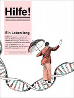 Bei dem Bild handelt es sich um ein Zeitschriftencover mit der Illustration eines Mannes, der auf einer DNA-Helix läuft. Der Mann hält einen Regenschirm in der Hand, und der Hintergrund ist rosafarben. Der Text auf dem Cover ist auf Deutsch und lautet "Ein Leben ang Ein Leben" und "Ein Leben im Körper nicht impen lässt!", was so viel bedeutet wie "Ein Mann ohne Partner ist einsam!" Das Cover enthält auch ein Zitat aus der Zeitschrift, "EIN MAGAZIN IM AUMTRAD DES BPI", und einen Preis von "SEIT 60, 72".