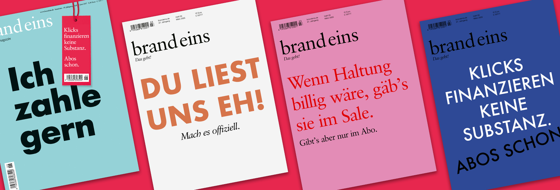 Das Bild zeigt eine Sammlung von vier Magazintiteln mit unterschiedlichen Designs und Texten, die alle vor einem roten Hintergrund stehen. Die Cover sind in einer Reihe angeordnet und zeigen verschiedene Layouts und Farbschemata. Der Text auf den Titelseiten ist auf Deutsch, einige Titel und Schlagzeilen sind auch auf Englisch. Das Bild ist eine Collage von Zeitschriftencovern, jedes mit seinem eigenen einzigartigen Stil und Inhalt.