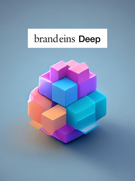 Das Bild zeigt eine 3D-Wiedergabe eines Stapels bunter Würfel mit dem Text "brandeins Deep" über den Würfeln. Die Würfel sind so angeordnet, dass sie übereinander gestapelt zu sein scheinen, wodurch eine visuell beeindruckende und abstrakte Komposition entsteht. Das Bild ist vor einem blauen Hintergrund platziert, der die leuchtenden Farben der Würfel noch mehr hervorhebt. Der Text "brandeins Deep" befindet sich über den Würfeln und weist wahrscheinlich auf den Namen oder das Konzept hin, das mit dem Design verbunden ist.