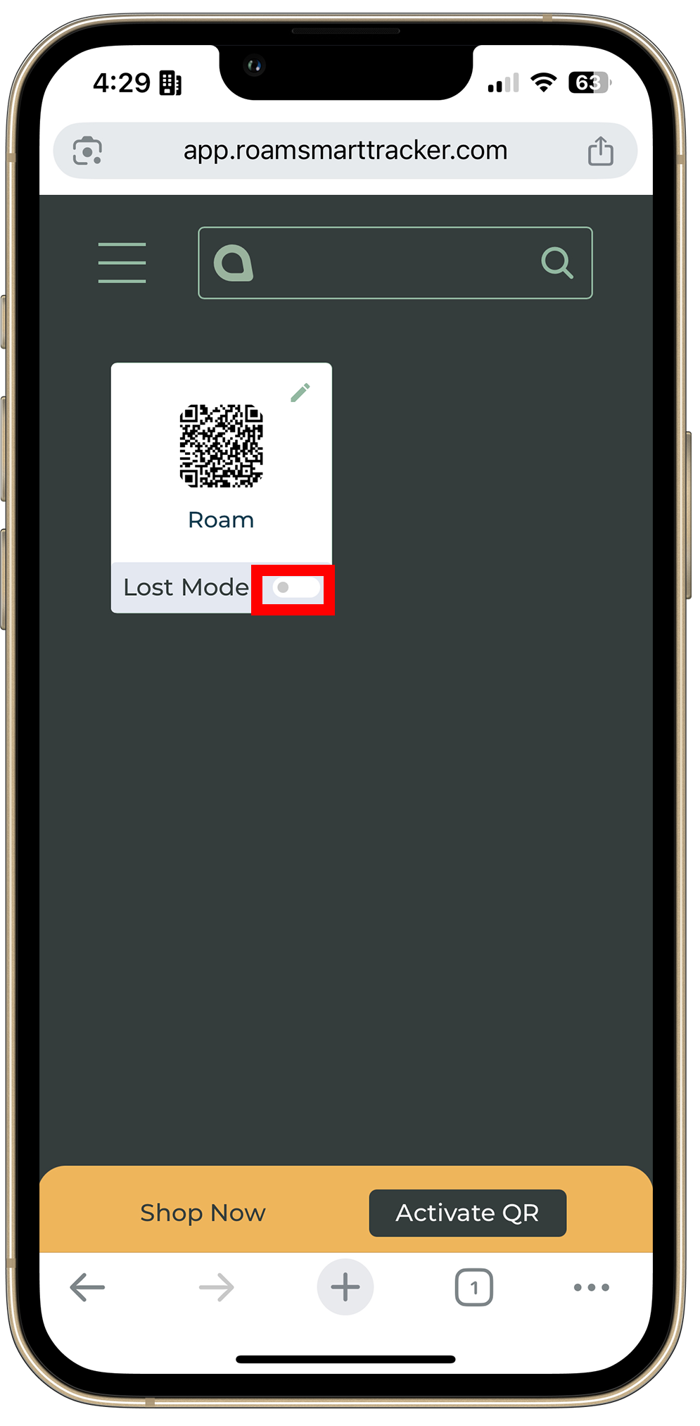 Disable Lost Mode toggle in the Roam QR app
