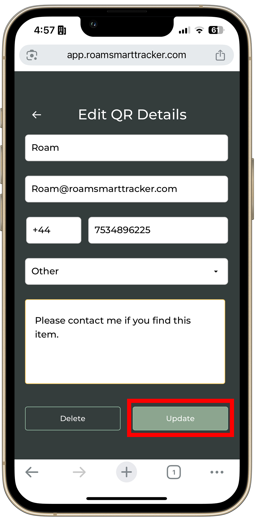 Update contact details screen in the Roam QR app