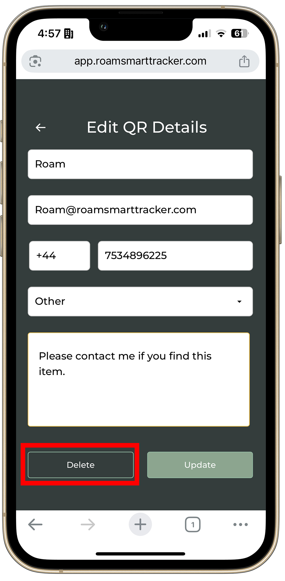Delete confirmation screen in the Roam QR app