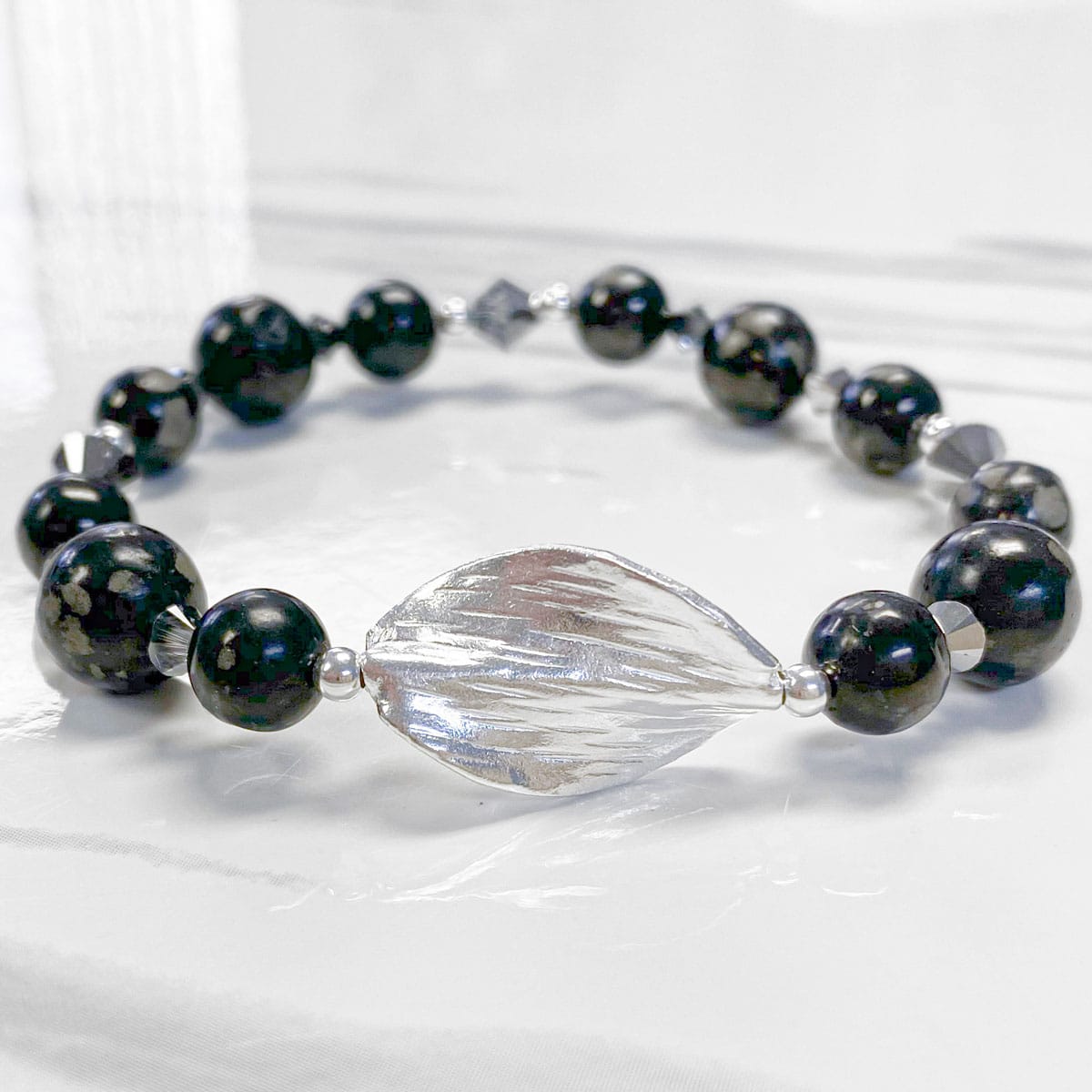 Silver Leaf with Jet Stone and Pyrite Bracelet Kit