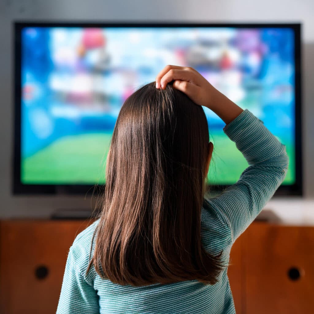 child scratching her head while watching TV
