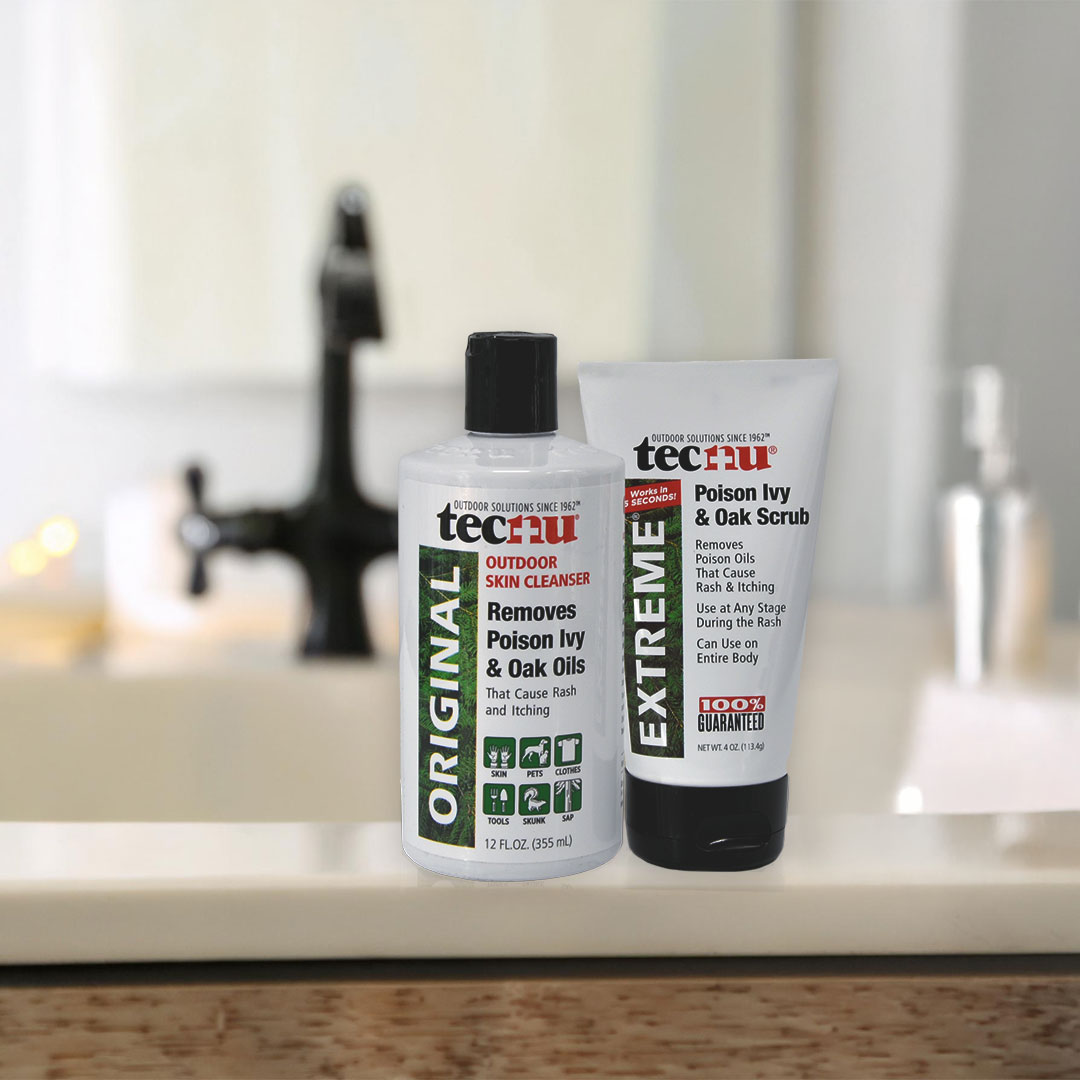 Tecnu Original and Tecnu Extreme Scrub on a bathroom counter