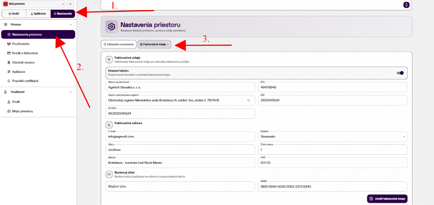 Fakturačn&eacute; &uacute;daje obsahuj&uacute; firemn&eacute; &uacute;daje, fakturačn&uacute; adresu, e-mail a bankov&yacute; &uacute;čet pre vyplatenie peňaz&iacute;.