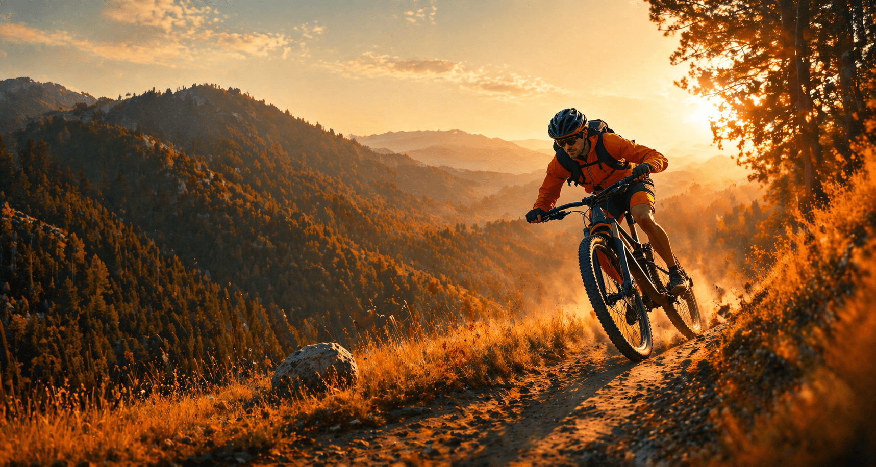 Mountainbiker auf einem Trail bei Sonnenuntergang