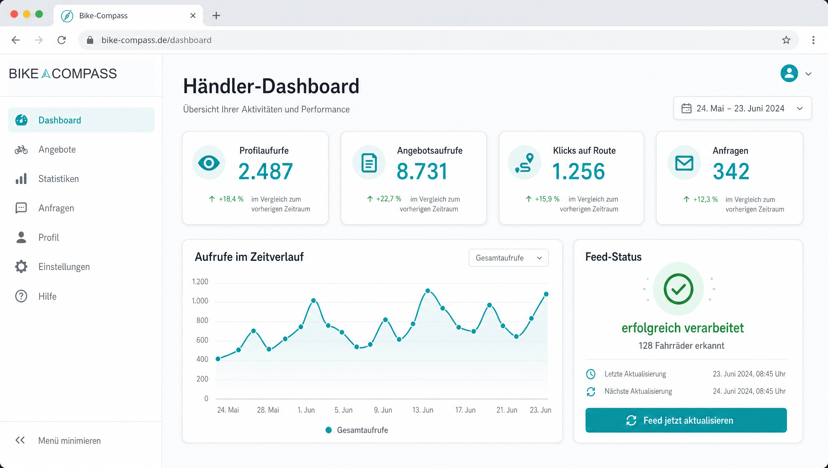 Bike-Compass Händler-Dashboard mit Statistiken und Feed-Status