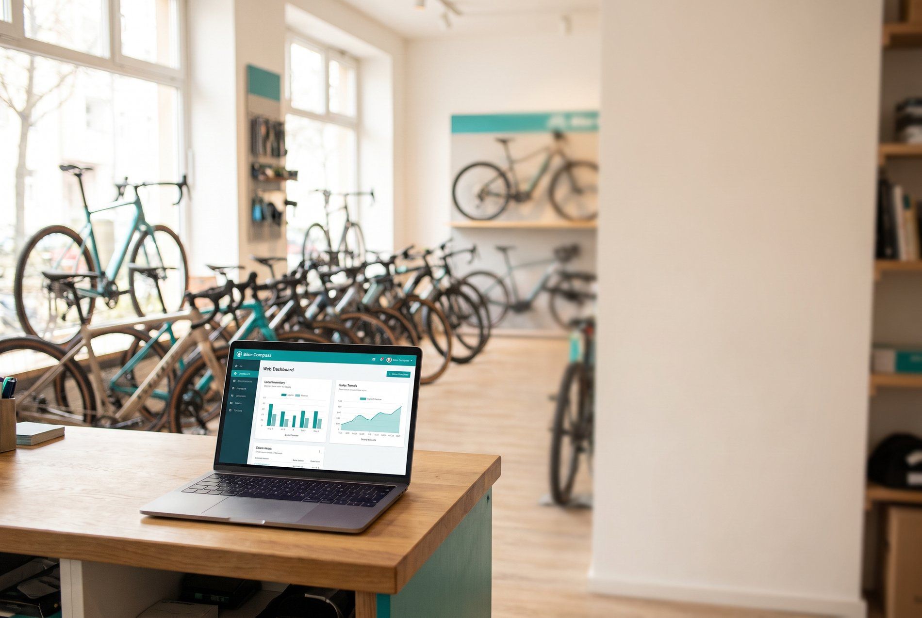 Fahrradhändler mit Bike-Compass Händler-Dashboard im Laden