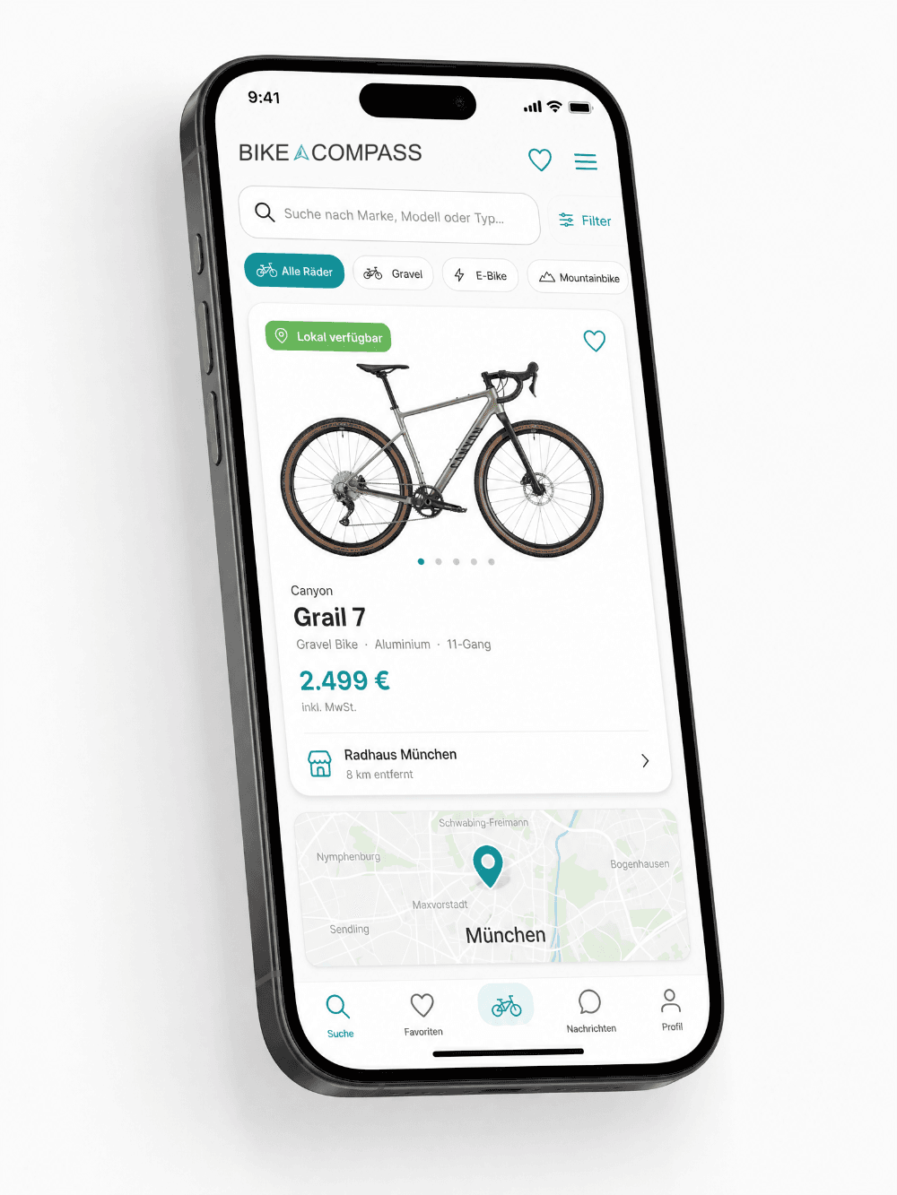 Lokal verfügbares Fahrrad in der Bike-Compass App auf dem Smartphone