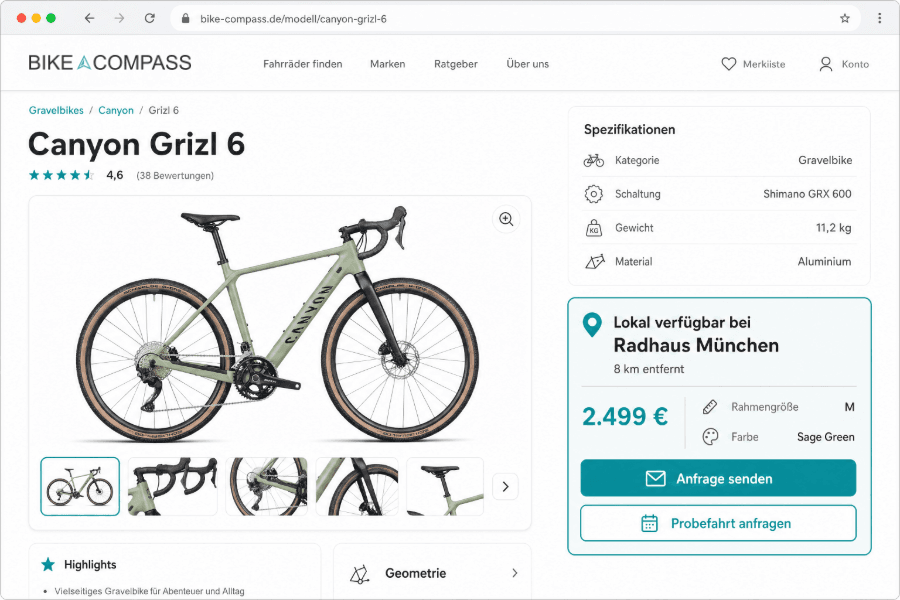 Bike-Compass Modellseite mit lokal verfügbarem Angebot eines Händlers