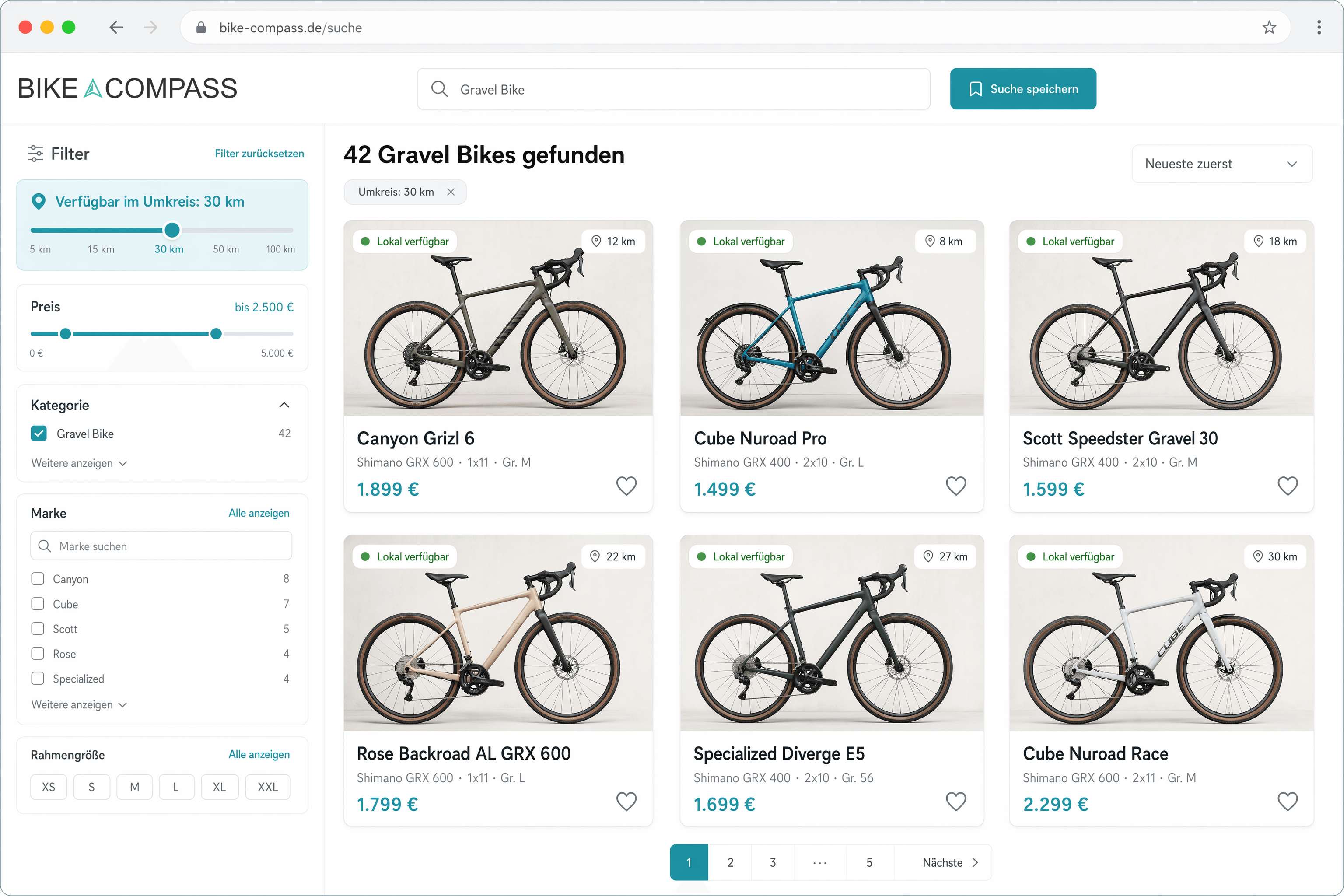 Bike-Compass Suche mit Umkreis-Filter und lokal verfügbaren Fahrrädern