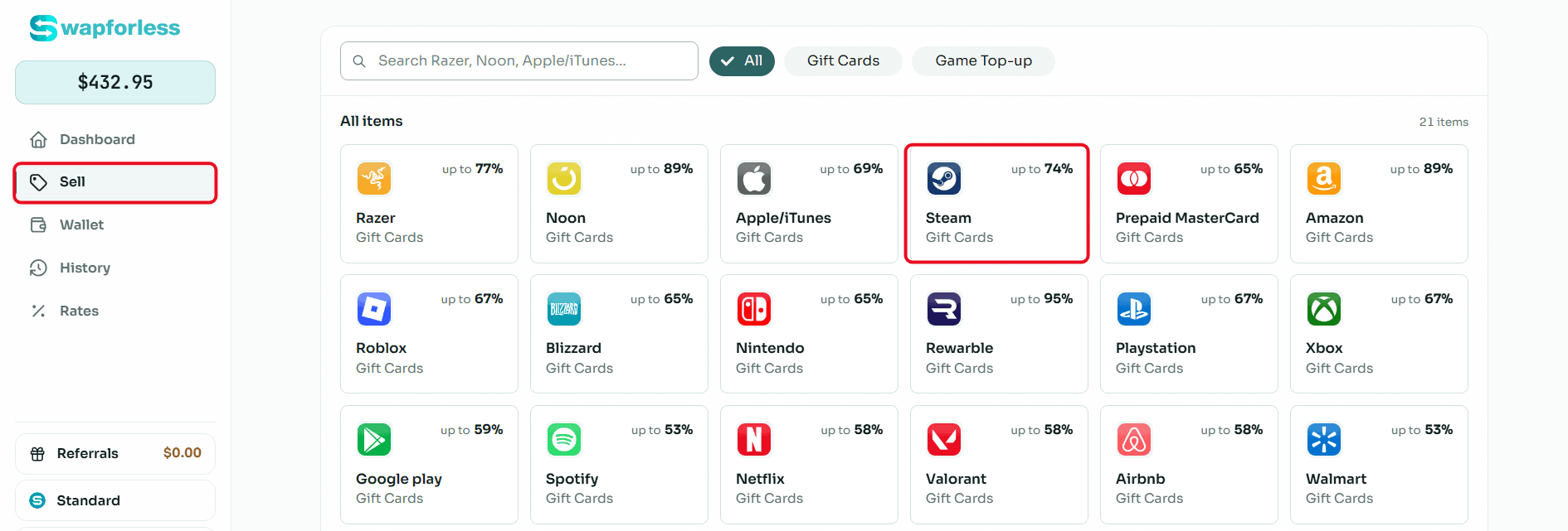 Steps to Sell Steam Cards on Swapforless