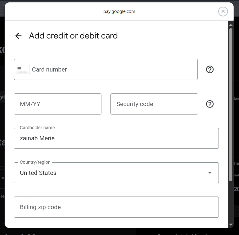 enter card details
