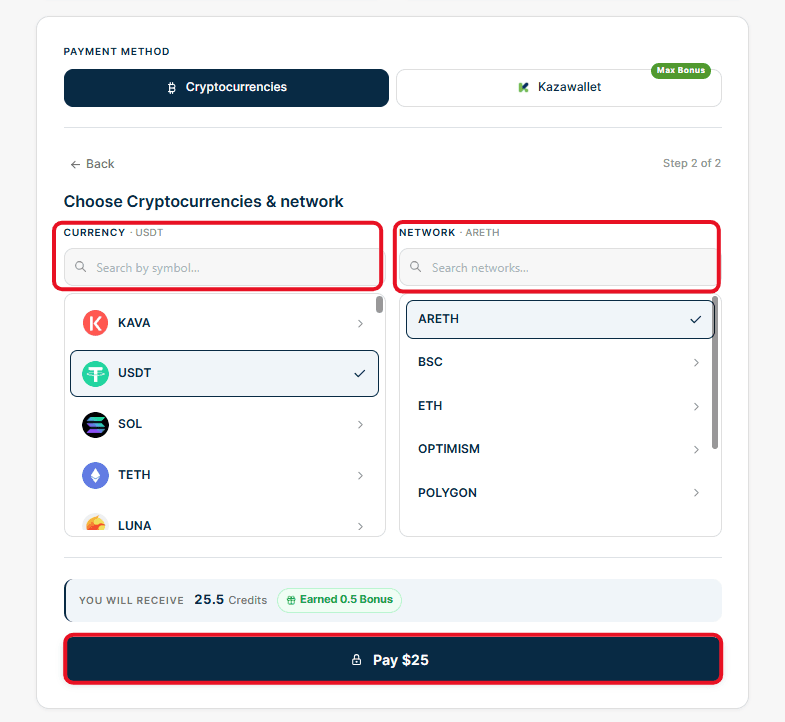 Select the Currency and Network