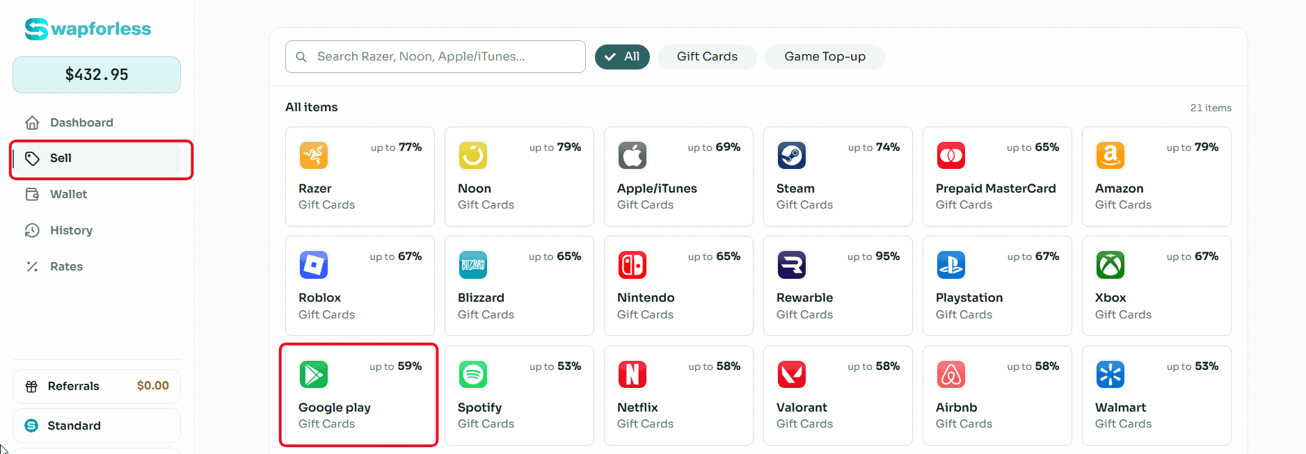 Steps to Sell Google Play Cards on Swapforless