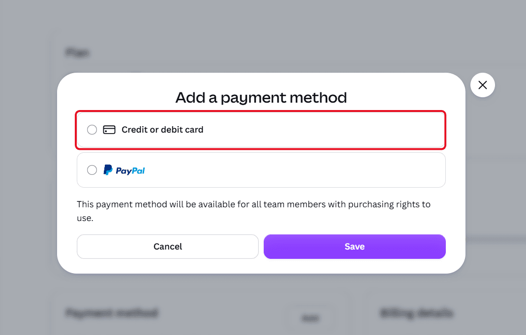 Choose payment via "Credit or debit card"