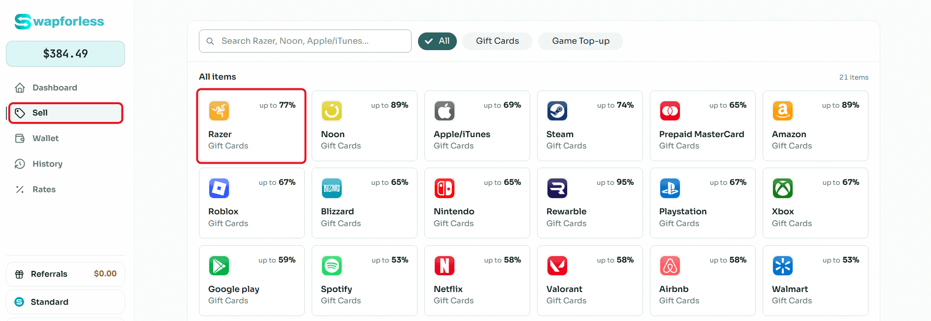 Steps to Sell Razer Gold Global Cards on Swapforless