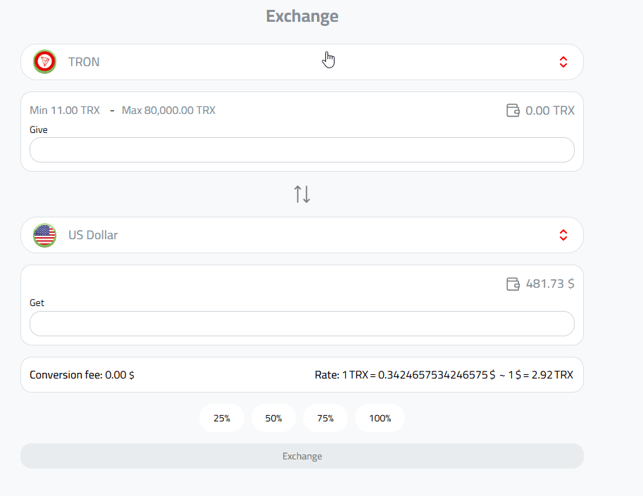 Exchange Tron to USD