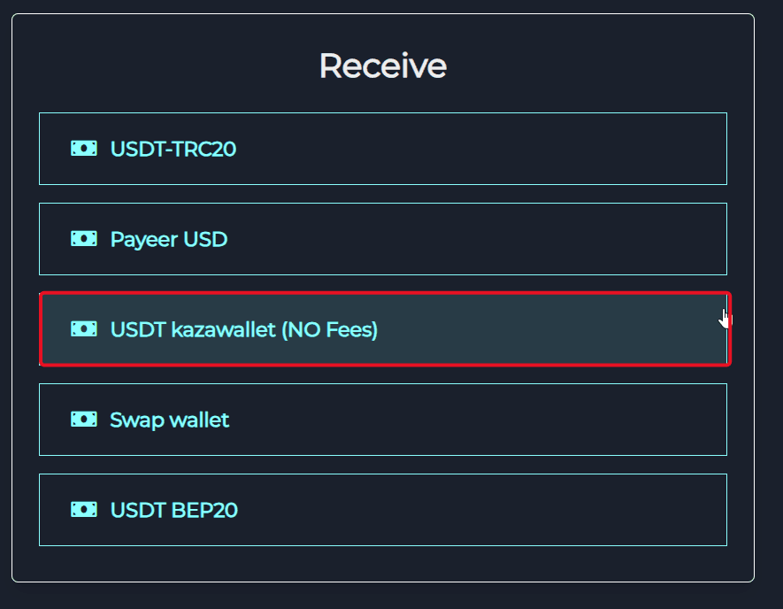 وحدد  USDT Kazawallet للإستلام.
